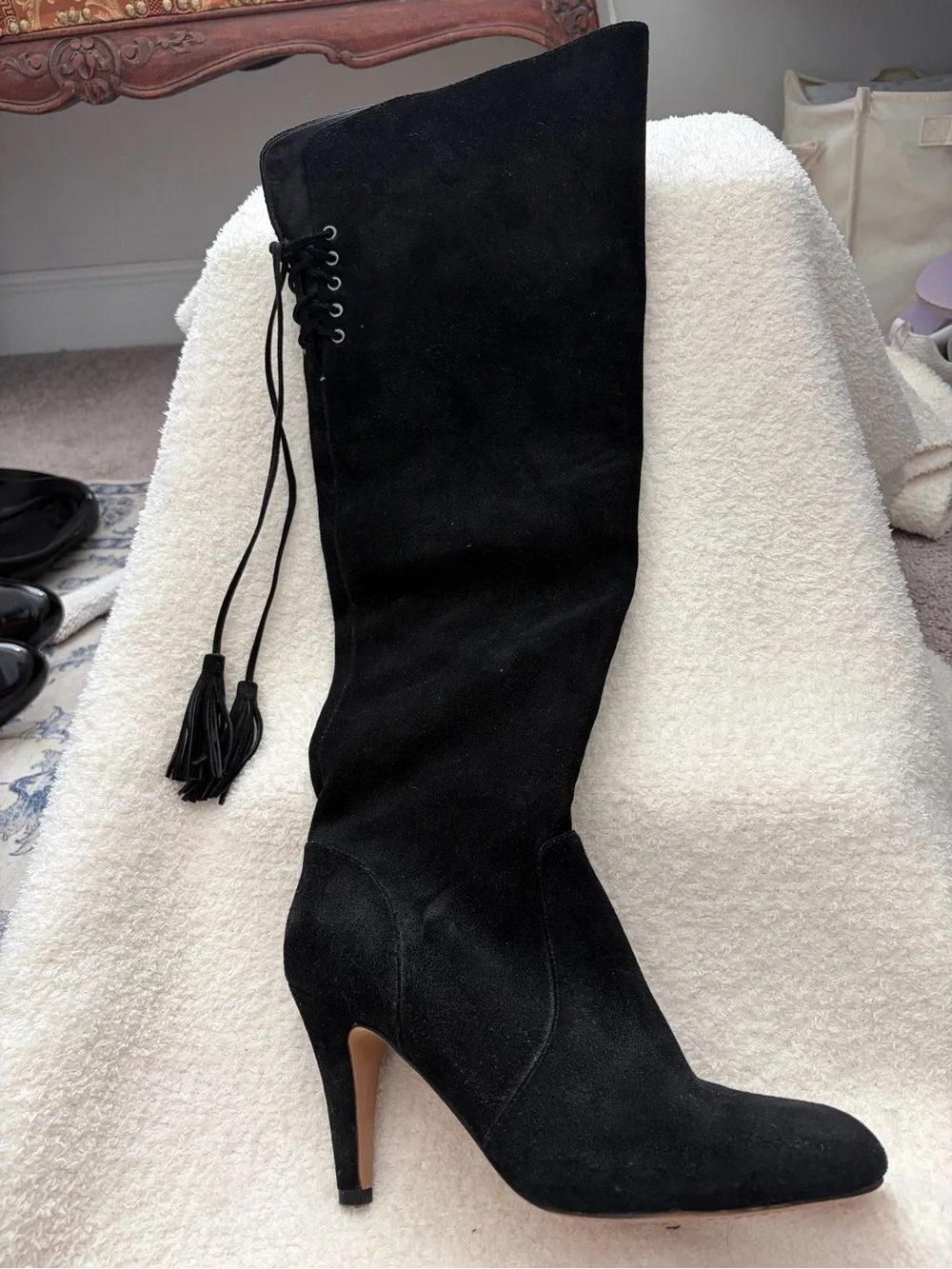 Vince Camuto Black Suede Over-the-Knee Tassel Lace-Up Boots